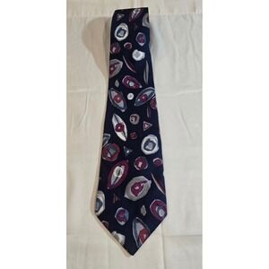Vintage All Silk Hand Made Geometric Pattern Necktie Navy Blue Burgundy Gray